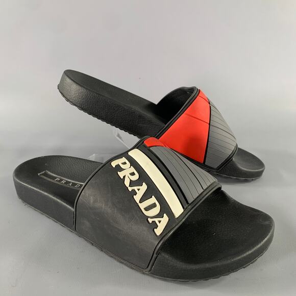 PRADA Size 8 Black & White Logo Rubber Slide Sandals